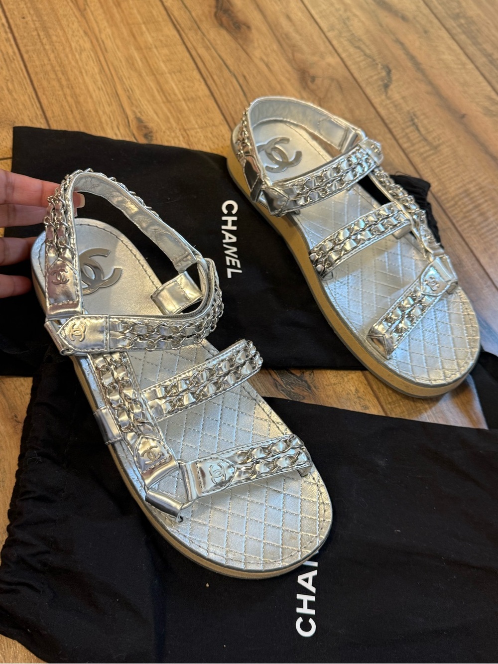 CHANEL Silver Quilted Leather Chain-Strap Sandals